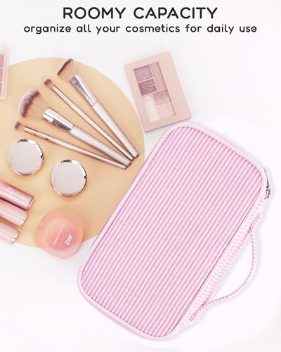 Relavel Cute Makeup Bag for Girls, Portable Pink Cosmetic Bag, Dual-layer Makeup Pouch with Brush Holder, Multi-Functional Preppy Toiletry Organizer for Travel, Daily Use - Pink Strip - Image 5