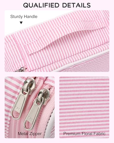 Relavel Cute Makeup Bag for Girls, Portable Pink Cosmetic Bag, Dual-layer Makeup Pouch with Brush Holder, Multi-Functional Preppy Toiletry Organizer for Travel, Daily Use - Pink Strip - Image 4