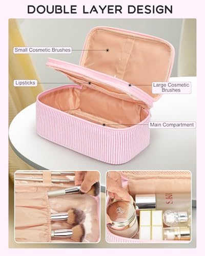 Relavel Cute Makeup Bag for Girls, Portable Pink Cosmetic Bag, Dual-layer Makeup Pouch with Brush Holder, Multi-Functional Preppy Toiletry Organizer for Travel, Daily Use - Pink Strip - Image 3