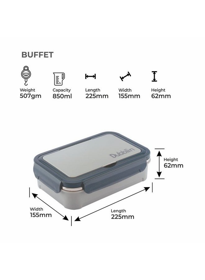 DUBBLIN Buffet Stainless Steel Lunch Box Insulated Airtight Spill Proof with Spoon, Fork & Mini sabzi Container Inside, 850 ml, Grey - Image 2