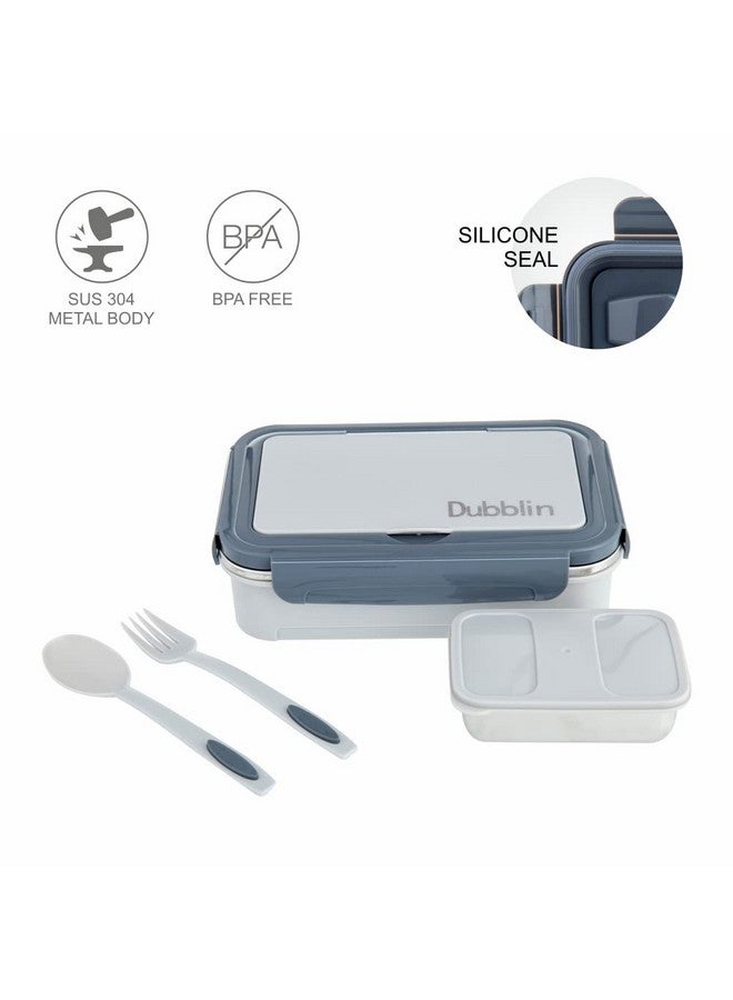 DUBBLIN Buffet Stainless Steel Lunch Box Insulated Airtight Spill Proof with Spoon, Fork & Mini sabzi Container Inside, 850 ml, Grey - Image 3