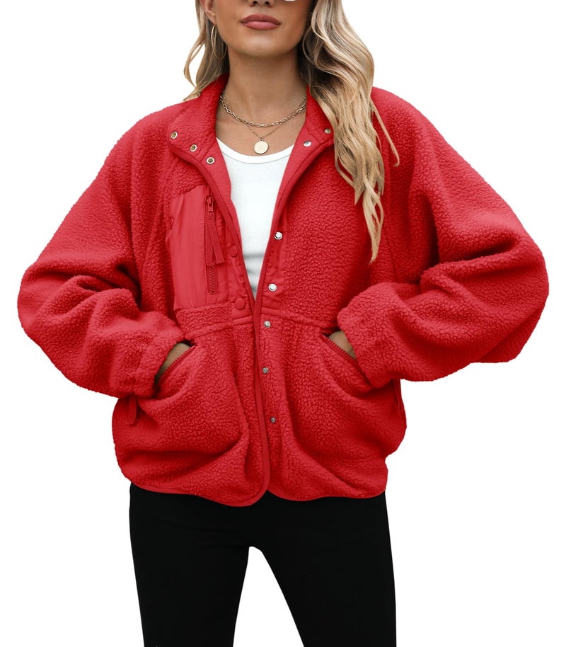 Yanekop Womens Sherpa Cropped Jacket Oversized Button Down Sweater Outerwear Christmas Coat Winter Fluffy Warm Coats(A Red,S) - Image 3