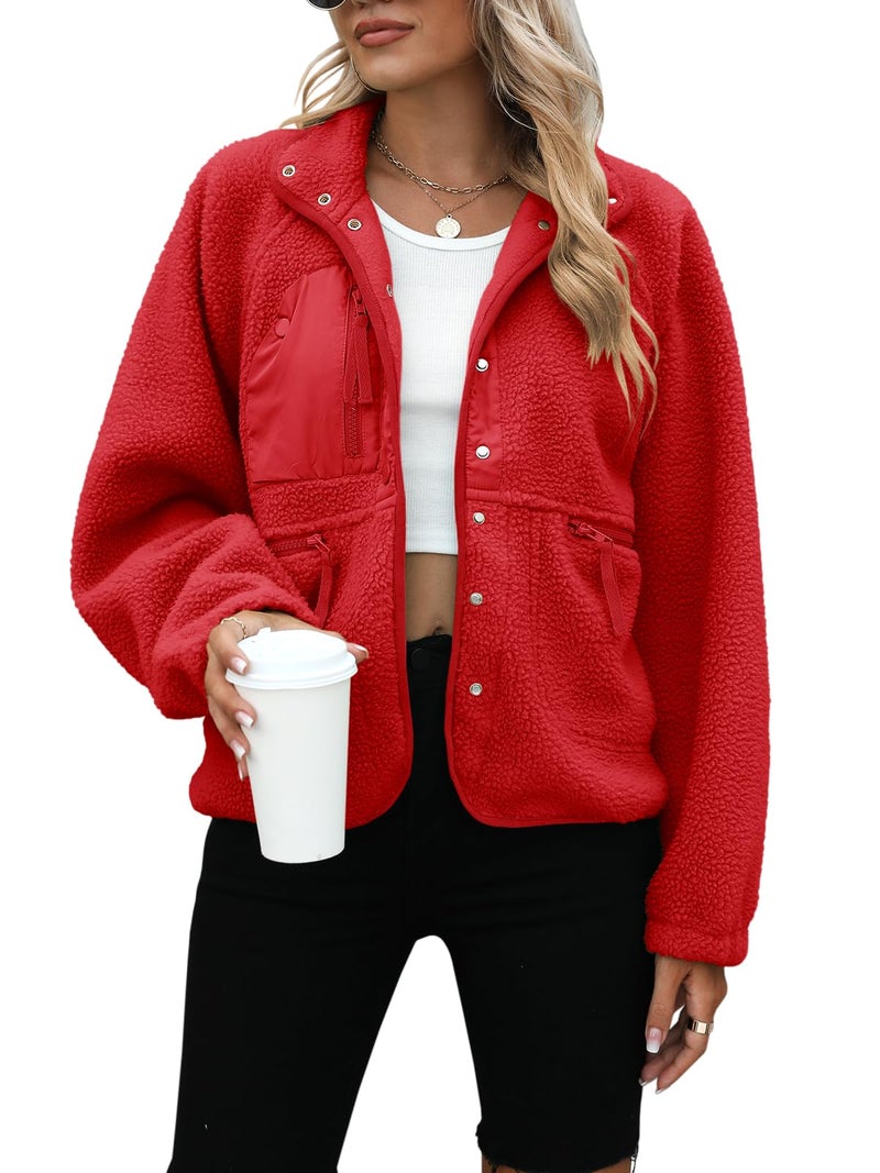 Yanekop Womens Sherpa Cropped Jacket Oversized Button Down Sweater Outerwear Christmas Coat Winter Fluffy Warm Coats(A Red,S) - Image 1