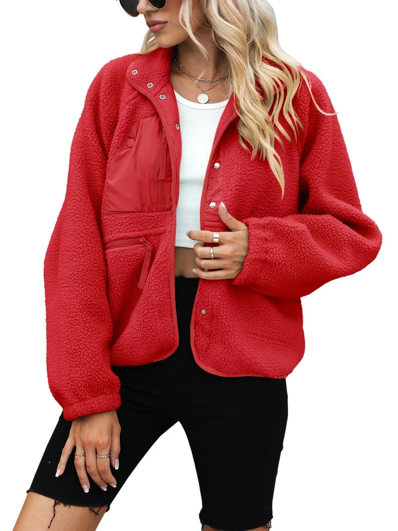 Yanekop Womens Sherpa Cropped Jacket Oversized Button Down Sweater Outerwear Christmas Coat Winter Fluffy Warm Coats(A Red,S) - Image 2