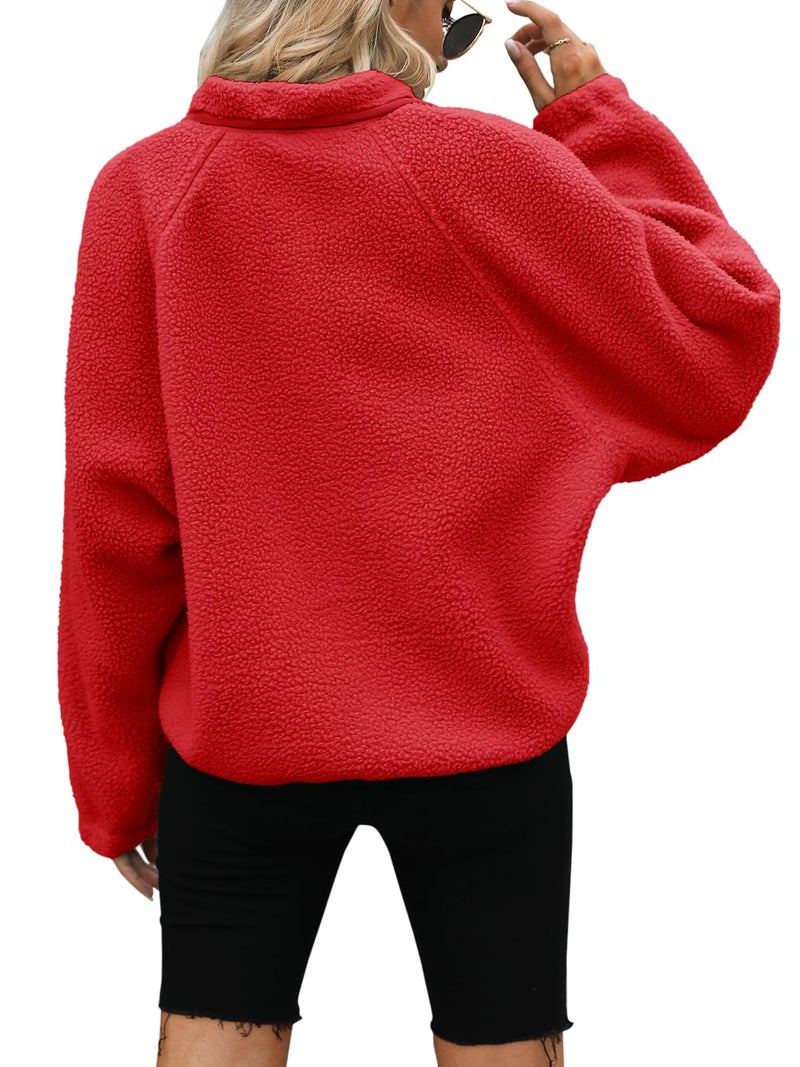 Yanekop Womens Sherpa Cropped Jacket Oversized Button Down Sweater Outerwear Christmas Coat Winter Fluffy Warm Coats(A Red,S) - Image 4