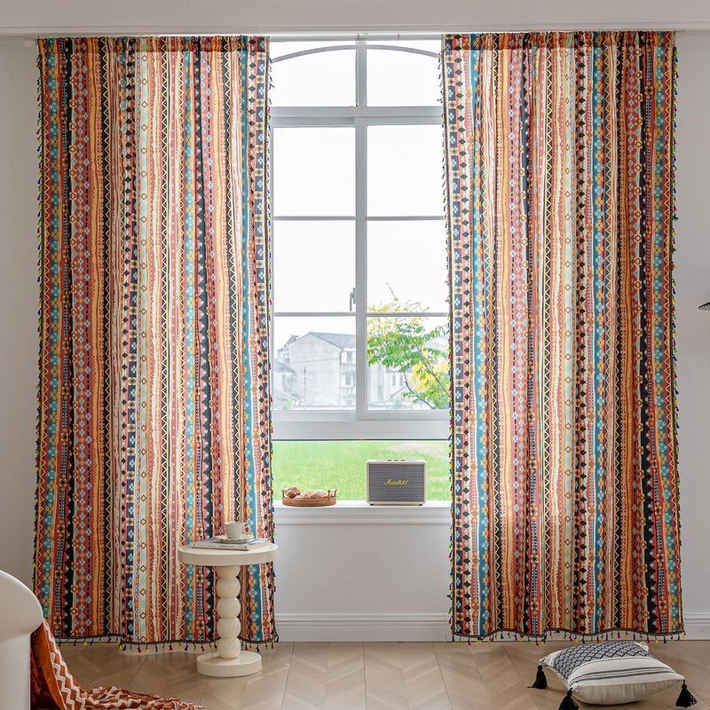 Erbnaryx Boho Curtains Geometric Light Filtering Semi-Blackout Window Curtains 96 Inches Long Rod Pocket Drapes for Living Room 2 Panels-Vintage Red - Image 2