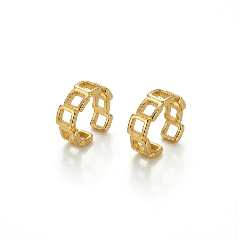 A distinctive, elegant gold earring with a hollow geometric design, made up of connected squares, giving you a unique modern touch. It does not require ear piercing for easy wear and all-day comfort. - Image 1