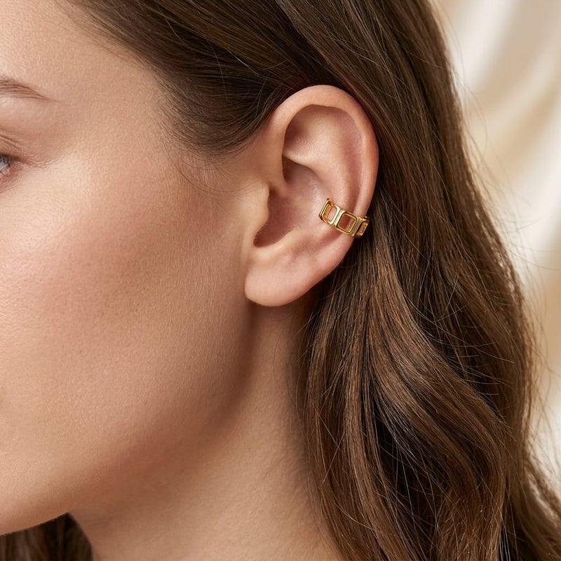 A distinctive, elegant gold earring with a hollow geometric design, made up of connected squares, giving you a unique modern touch. It does not require ear piercing for easy wear and all-day comfort. - Image 2