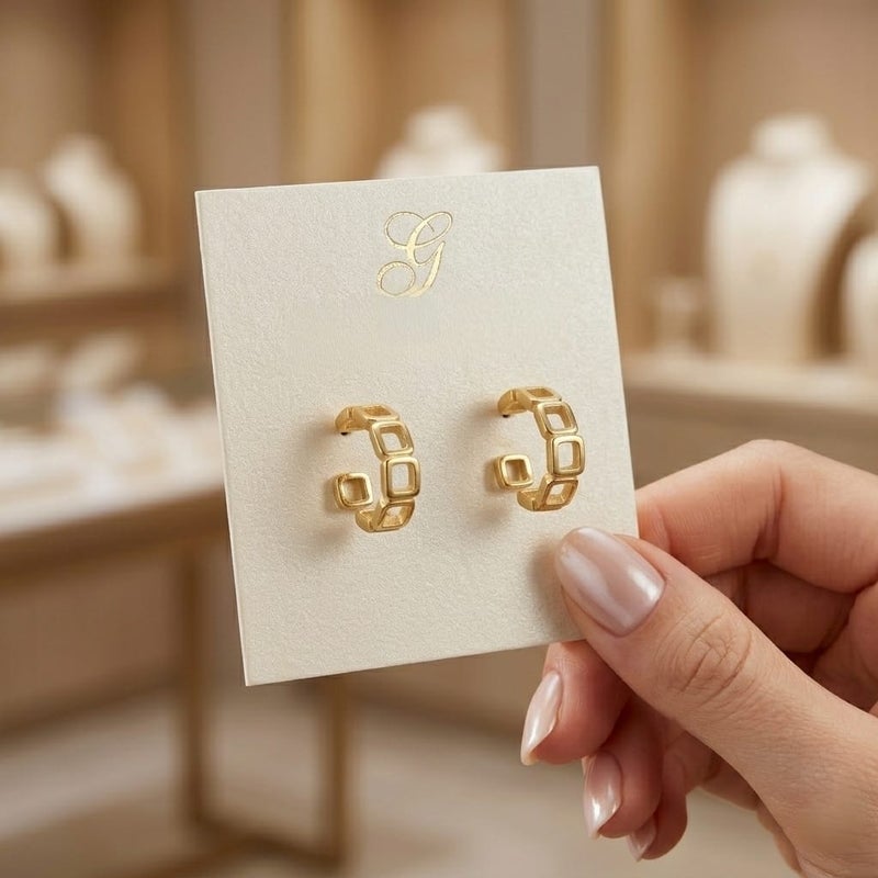 A distinctive, elegant gold earring with a hollow geometric design, made up of connected squares, giving you a unique modern touch. It does not require ear piercing for easy wear and all-day comfort. - Image 5