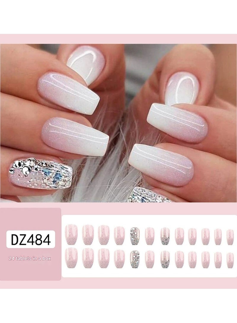 Goolsky Press On Nails Gradient Pink Glitter Rhinestone Fake Nail Tips Pure Style  - Image 1