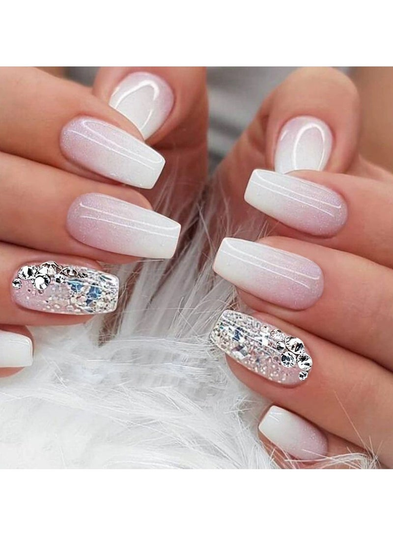 Goolsky Press On Nails Gradient Pink Glitter Rhinestone Fake Nail Tips Pure Style  - Image 2