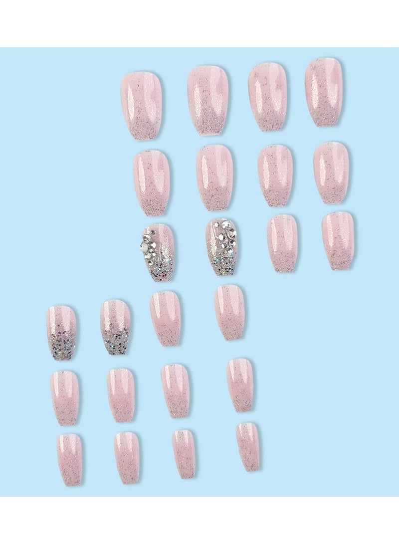 Goolsky Press On Nails Gradient Pink Glitter Rhinestone Fake Nail Tips Pure Style  - Image 4