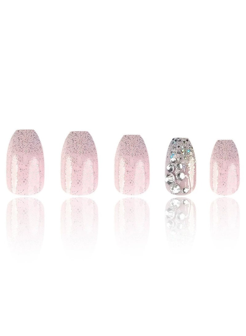 Goolsky Press On Nails Gradient Pink Glitter Rhinestone Fake Nail Tips Pure Style  - Image 5