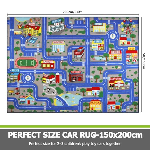 Capslpad Blue Car Road Kid Rug Carpet Playmat for Playoom Traffic Road Kids Play Mat for Toddler Non Slip Washable City Map Race Track Carpet Rug for Kids Room Bedroom Nursery Room Decor,5'x 6'6" - Image 2