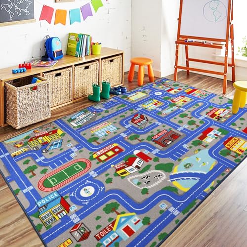 Capslpad Blue Car Road Kid Rug Carpet Playmat for Playoom Traffic Road Kids Play Mat for Toddler Non Slip Washable City Map Race Track Carpet Rug for Kids Room Bedroom Nursery Room Decor,5'x 6'6" - Image 1