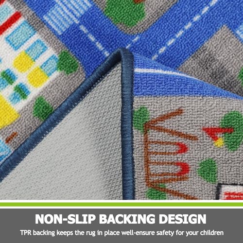 Capslpad Blue Car Road Kid Rug Carpet Playmat for Playoom Traffic Road Kids Play Mat for Toddler Non Slip Washable City Map Race Track Carpet Rug for Kids Room Bedroom Nursery Room Decor,5'x 6'6" - Image 3