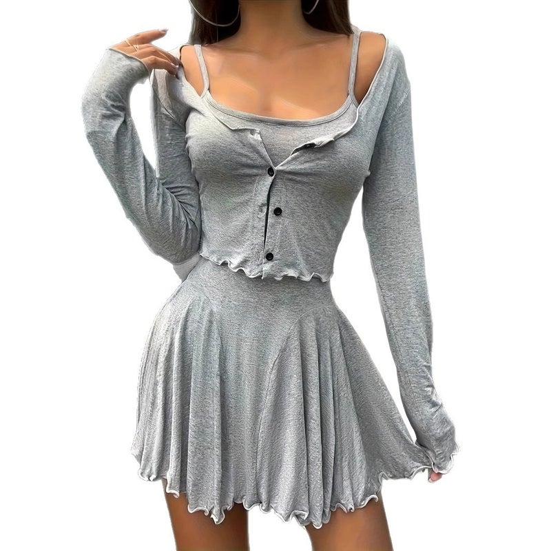 2026 Sweet Retro Simple Cardigan and Slip Dress Two-Piece Set for Women - Image 5