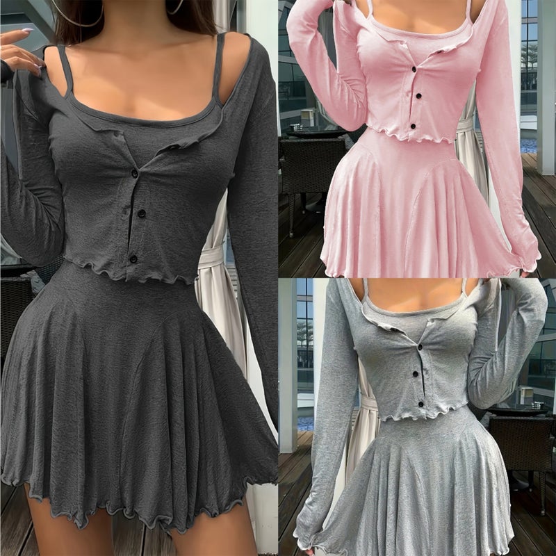 2026 Sweet Retro Simple Cardigan and Slip Dress Two-Piece Set for Women - Image 1