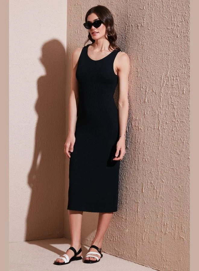 Lela Lela Ribbed Slim Fit Crew Neck Slit Midi Length Dress Women's DRESS 5866101