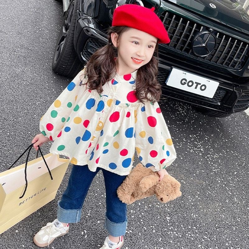 Girls' Shirts Style Korean Style Baby Spring & Fall Polka Dot Princess Style Shirt Puff Sleeve Girls' Tops - Image 2