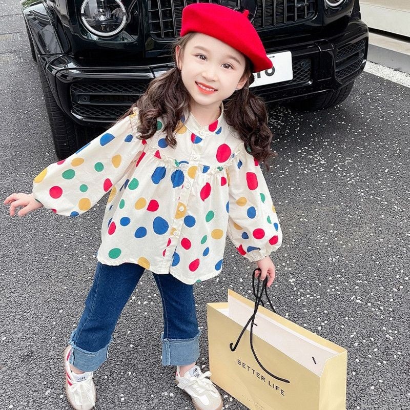 Girls' Shirts Style Korean Style Baby Spring & Fall Polka Dot Princess Style Shirt Puff Sleeve Girls' Tops - Image 3
