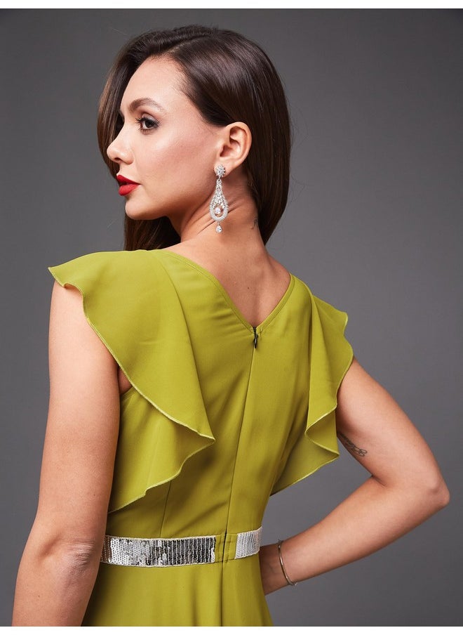 Miss Chase - Miss Chase Women's V-Neck Ruffled Sleeve Solid Embellished Maxi Dress with Pockets (MCAW21D06-17-311-05, Lemon Green, L) - Image 1