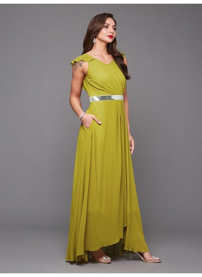Miss Chase - Miss Chase Women's V-Neck Ruffled Sleeve Solid Embellished Maxi Dress with Pockets (MCAW21D06-17-311-05, Lemon Green, L) - Image 1
