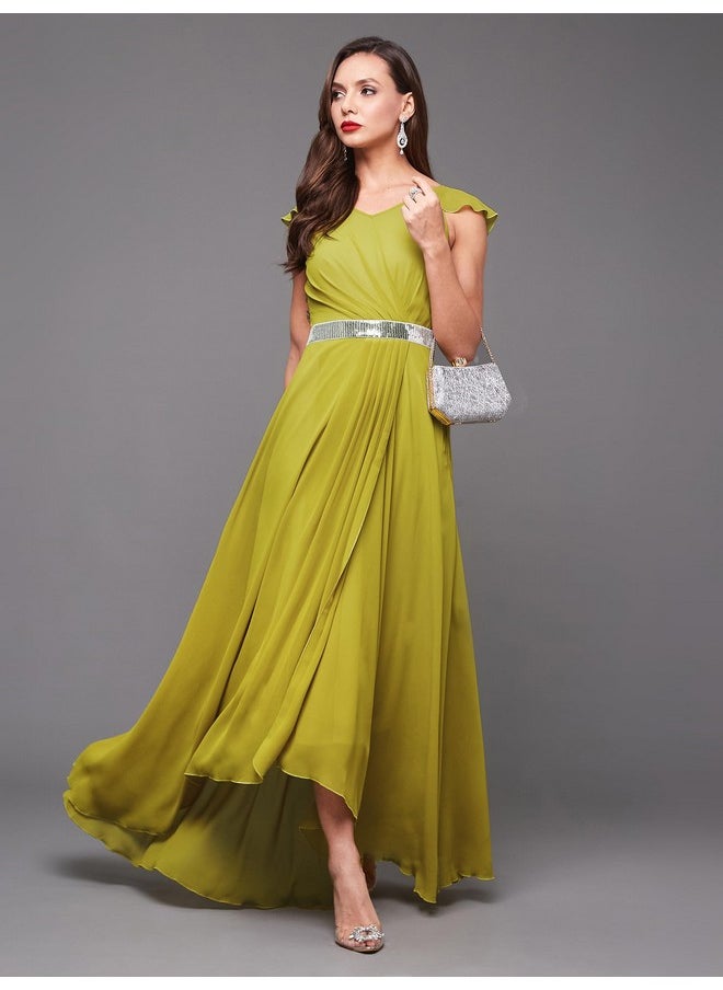 Miss Chase - Miss Chase Women's V-Neck Ruffled Sleeve Solid Embellished Maxi Dress with Pockets (MCAW21D06-17-311-05, Lemon Green, L) - Image 1