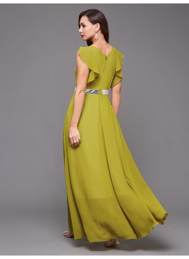 Miss Chase - Miss Chase Women's V-Neck Ruffled Sleeve Solid Embellished Maxi Dress with Pockets (MCAW21D06-17-311-05, Lemon Green, L) - Image 1