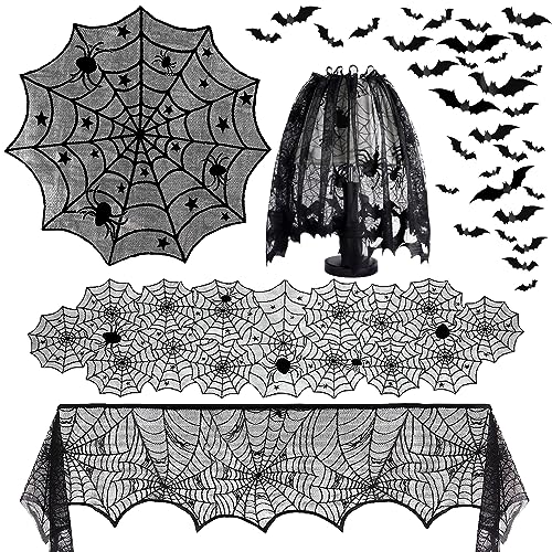 Yunfan 5Pack Halloween Decorations Indoor Halloween Spider Web Tablecloth Table Runners Fireplace Mantel Scarf Cobweb Lampshade Scary 3D Bats for Halloween Spooky Home Decor - Image 1