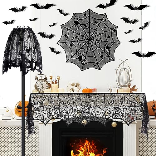 Yunfan 5Pack Halloween Decorations Indoor Halloween Spider Web Tablecloth Table Runners Fireplace Mantel Scarf Cobweb Lampshade Scary 3D Bats for Halloween Spooky Home Decor - Image 2