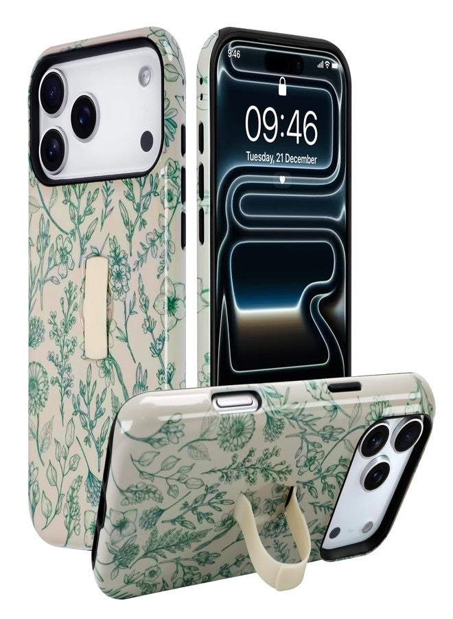 سوكاد جراب هاتف SOKAD Sage Flower لهاتف iPhone 17 Pro Max مع مسند وحزام للأصابع، بنقشة زهور خضراء عتيقة للبنات والسيدات، غطاء واقٍ لامع مقاوم للصدمات - Image 1