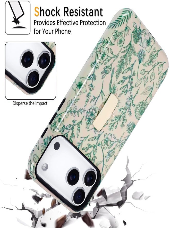 سوكاد جراب هاتف SOKAD Sage Flower لهاتف iPhone 17 Pro Max مع مسند وحزام للأصابع، بنقشة زهور خضراء عتيقة للبنات والسيدات، غطاء واقٍ لامع مقاوم للصدمات - Image 4