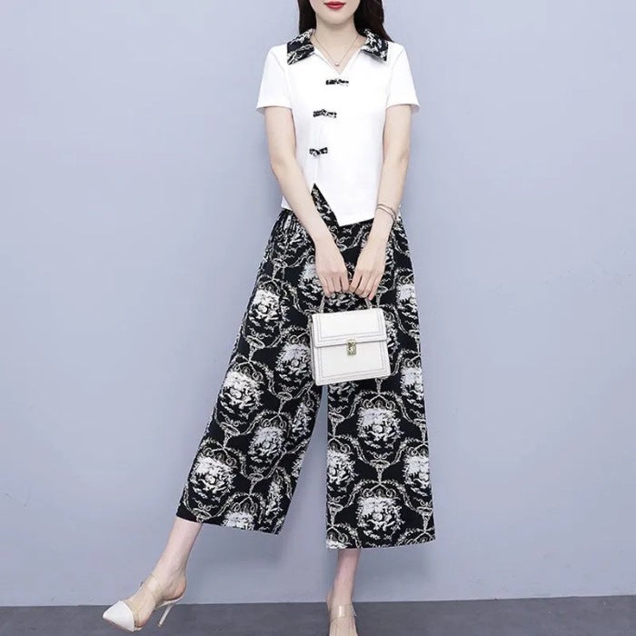 High-end National Style Buckle Short-sleeved Top Floral Wide-leg Pants Two-piece Set Summer New chubby girl Soft plus size suit White