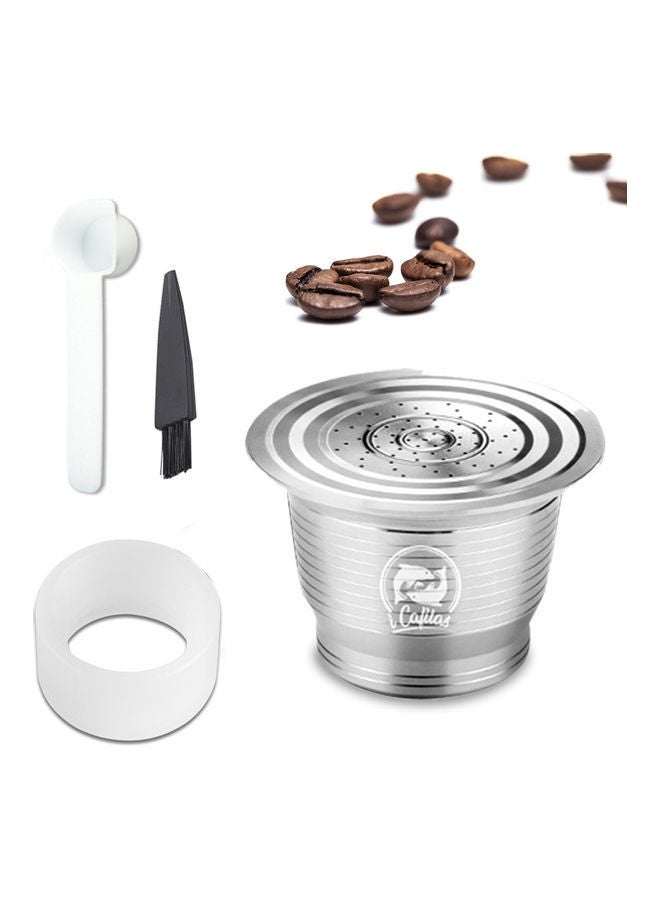 NIBEMINENT Compatible With Nespresso Stainless Steel Reusable Refillable Coffee Capsule Cup Filter with Brush Spoon Powder Press Ring Silver 11*5.5*5.5cm - Image 4