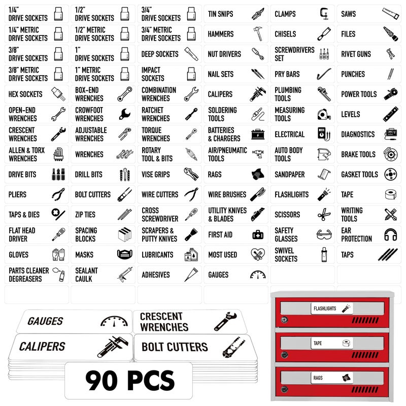 Vantasii 90 PCS Magnetic Toolbox Labels, 82 Pre-Printed & 8 Blanks Large Size Tool Chest Organizer Labels Strong Magnetic & Easy to Read Printing Fits All Brands of Steel Tool Box Drawers (Red, 3.5â€ x 1â€) - Image 1
