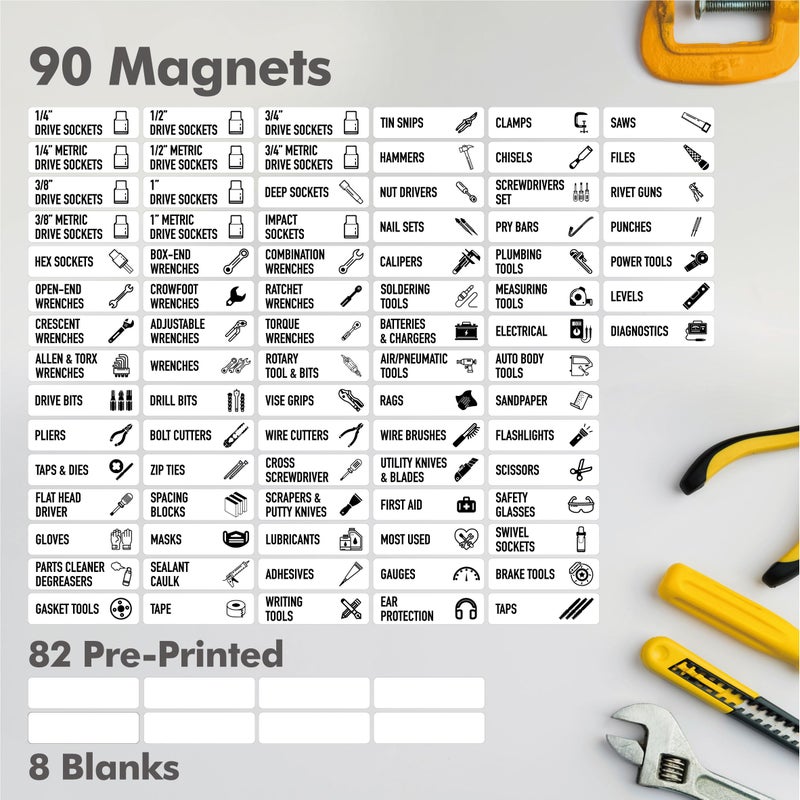 Vantasii 90 PCS Magnetic Toolbox Labels, 82 Pre-Printed & 8 Blanks Large Size Tool Chest Organizer Labels Strong Magnetic & Easy to Read Printing Fits All Brands of Steel Tool Box Drawers (Red, 3.5â€ x 1â€) - Image 3