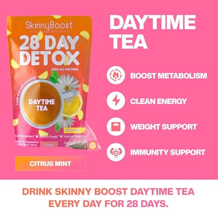 SkinnyBoost 28 Day Detox Daytime Tea - CITRUS MINT (28 Tea Bags) Supports Metabolism Boost, Detox, All Natural, Non GMO, Vegan, Keto Friendly - Image 3