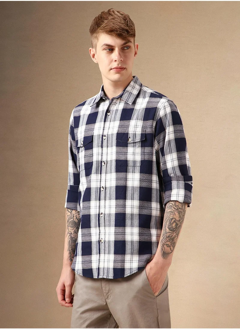Dennis Lingo Men's Navy 100% Cotton Checkered Shirt
