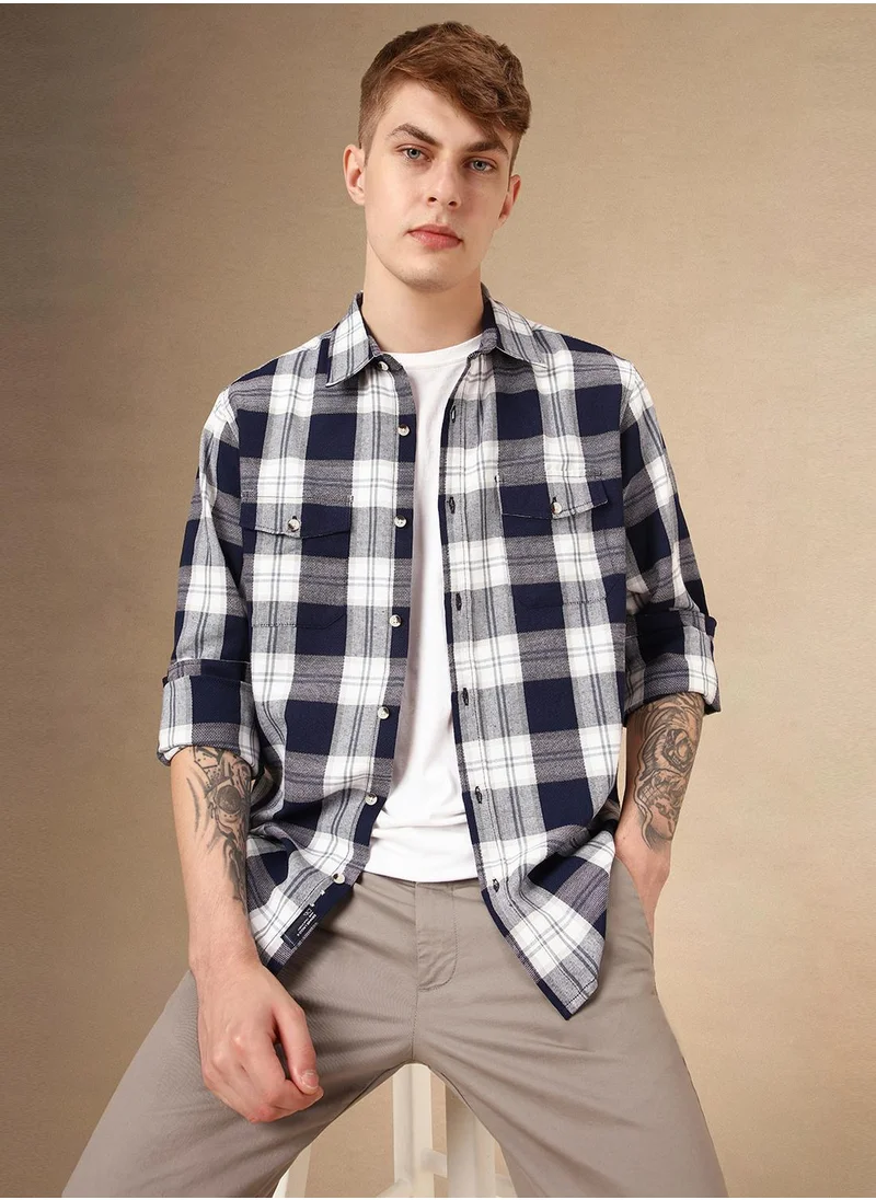 Dennis Lingo Men's Navy 100% Cotton Checkered Shirt