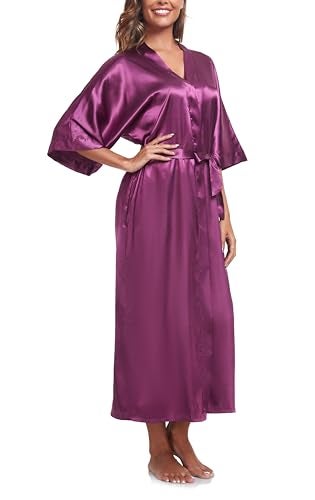 sunshinemall Women's Bridal Party Long Satin Bathrobe Kimono Nightgown Wedding Day Long Dress Gown - Image 3