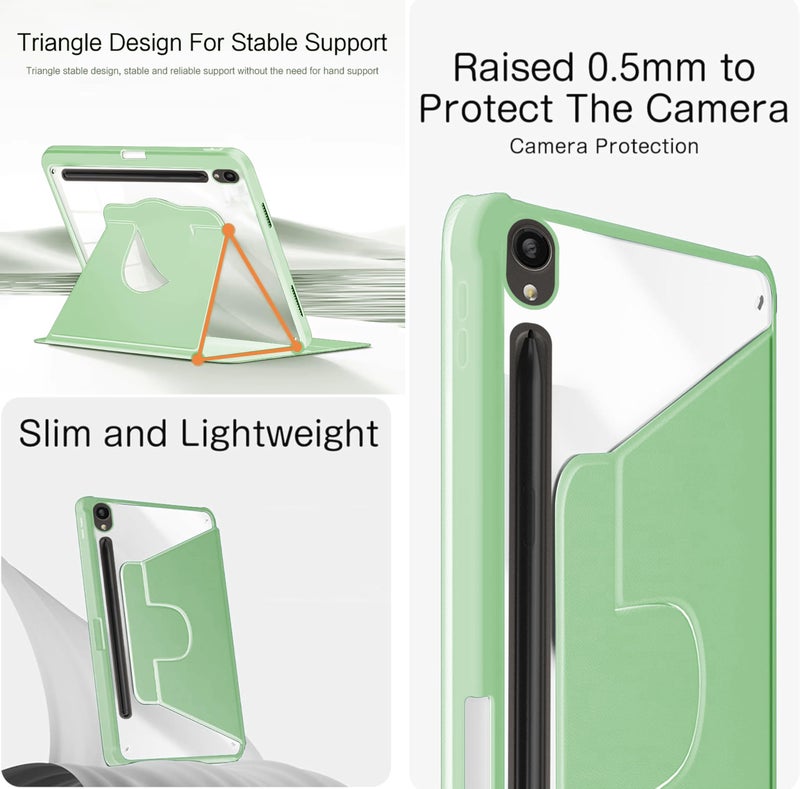 TGK Rotating Case for Samsung Galaxy Tab S9 11 inch/Galaxy Tab S9 FE 10.9 inch with Pencil Holder Trifold Stand Cover Clear Back (Mint Green) - Image 5