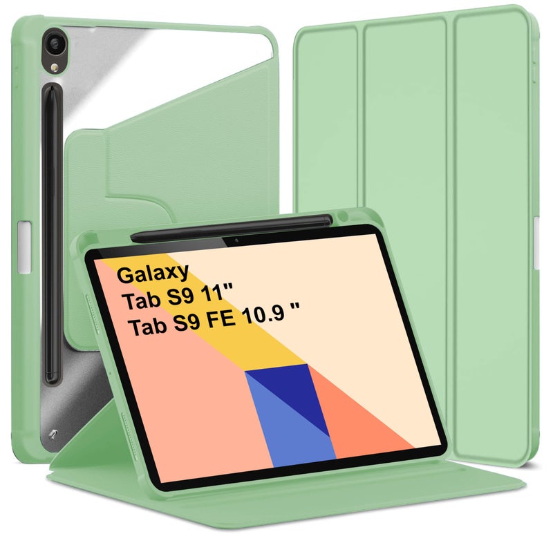 TGK Rotating Case for Samsung Galaxy Tab S9 11 inch/Galaxy Tab S9 FE 10.9 inch with Pencil Holder Trifold Stand Cover Clear Back (Mint Green) - Image 1
