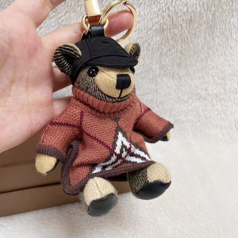 Handmade Cashmere Plaid Teddy Bear Keychain Black Hat Knitted Coat Bear