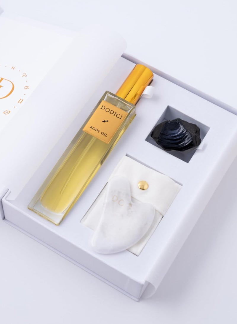 Dodici Gift Set Inspired by Your Zodiac Sign (Sagittarius) Silky and luxurious body oil made from ecological oils | Perfect for a Birthday Gift | Organic Body Oil & Natural RAINBOW OBSIDIAN Gift Set + Gua Sha - Image 4