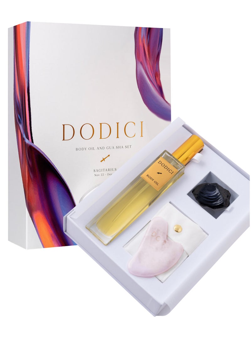 Dodici Gift Set Inspired by Your Zodiac Sign (Sagittarius) Silky and luxurious body oil made from ecological oils | Perfect for a Birthday Gift | Organic Body Oil & Natural RAINBOW OBSIDIAN Gift Set + Gua Sha - Image 1