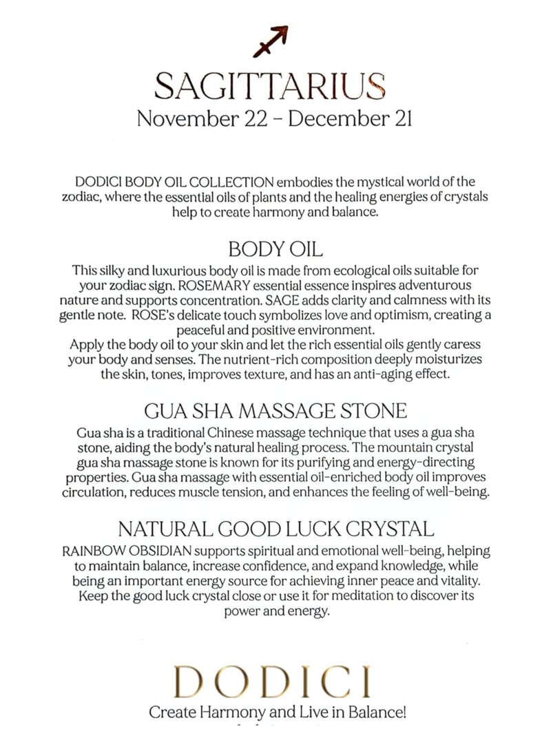 Dodici Gift Set Inspired by Your Zodiac Sign (Sagittarius) Silky and luxurious body oil made from ecological oils | Perfect for a Birthday Gift | Organic Body Oil & Natural RAINBOW OBSIDIAN Gift Set + Gua Sha - Image 3