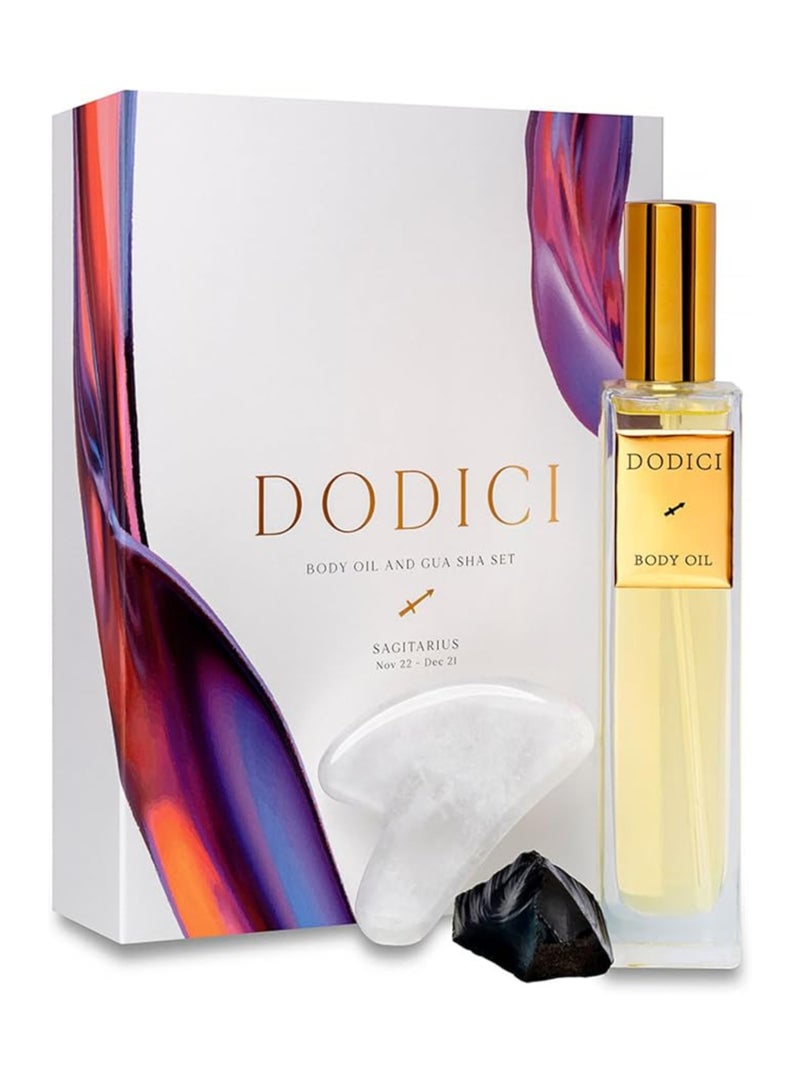 Dodici Gift Set Inspired by Your Zodiac Sign (Sagittarius) Silky and luxurious body oil made from ecological oils | Perfect for a Birthday Gift | Organic Body Oil & Natural RAINBOW OBSIDIAN Gift Set + Gua Sha - Image 2