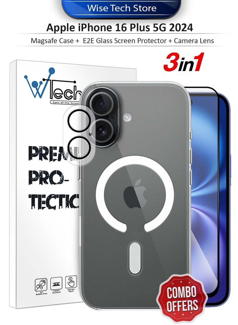 دبليو تيك حزمة حماية 3 في 1 لهاتف آيفون 16 بلس 5G 2024 من آبل، غطاء شفاف مقاوم للصدمات مع ماجسيف، واقي شاشة زجاجي E2E وحامي عدسة الكاميرا بحماية 360، سهل التركيب - شفاف/أسود - Image 1