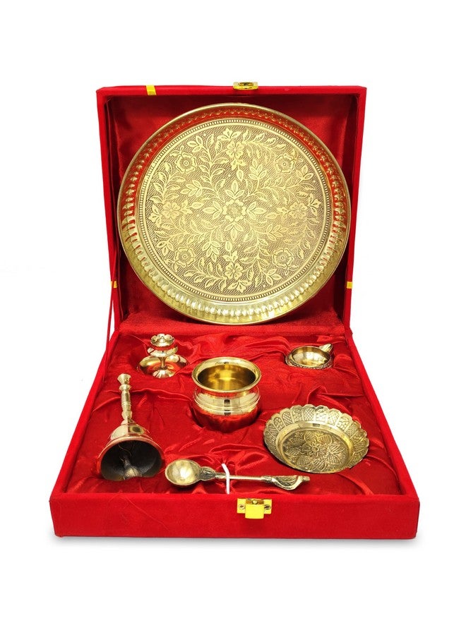 BENGALEN Brass Pooja Thali Set with Red Gift Box 8 Inch Pital Puja Thali Dhup Dan Kalash Palli Ghanti Kangura Plate Kuber Diya for Diwali Home Mandir Office Wedding Return Gifts Items - Image 1